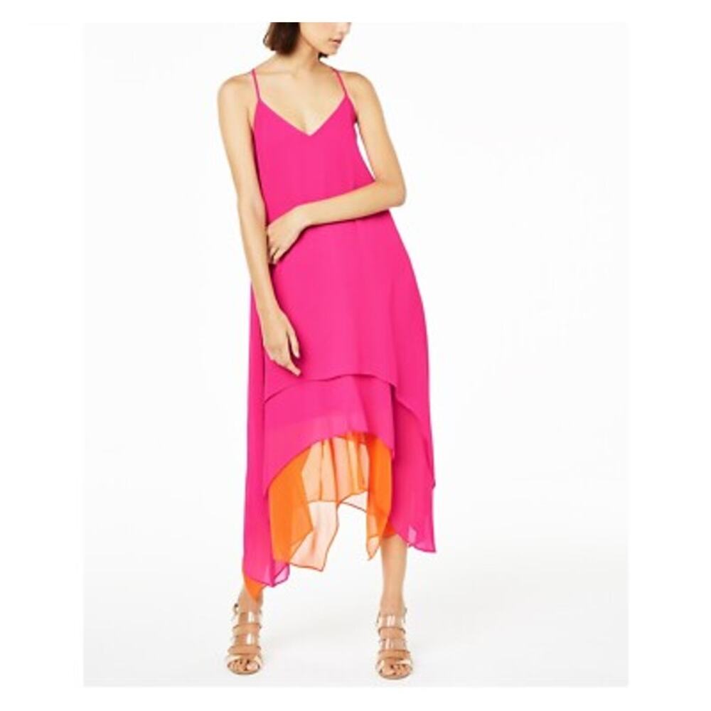 Bar III Women’s Coquette Handkerchief Tiered Boho Flowy Swing Dress Size XL Pink